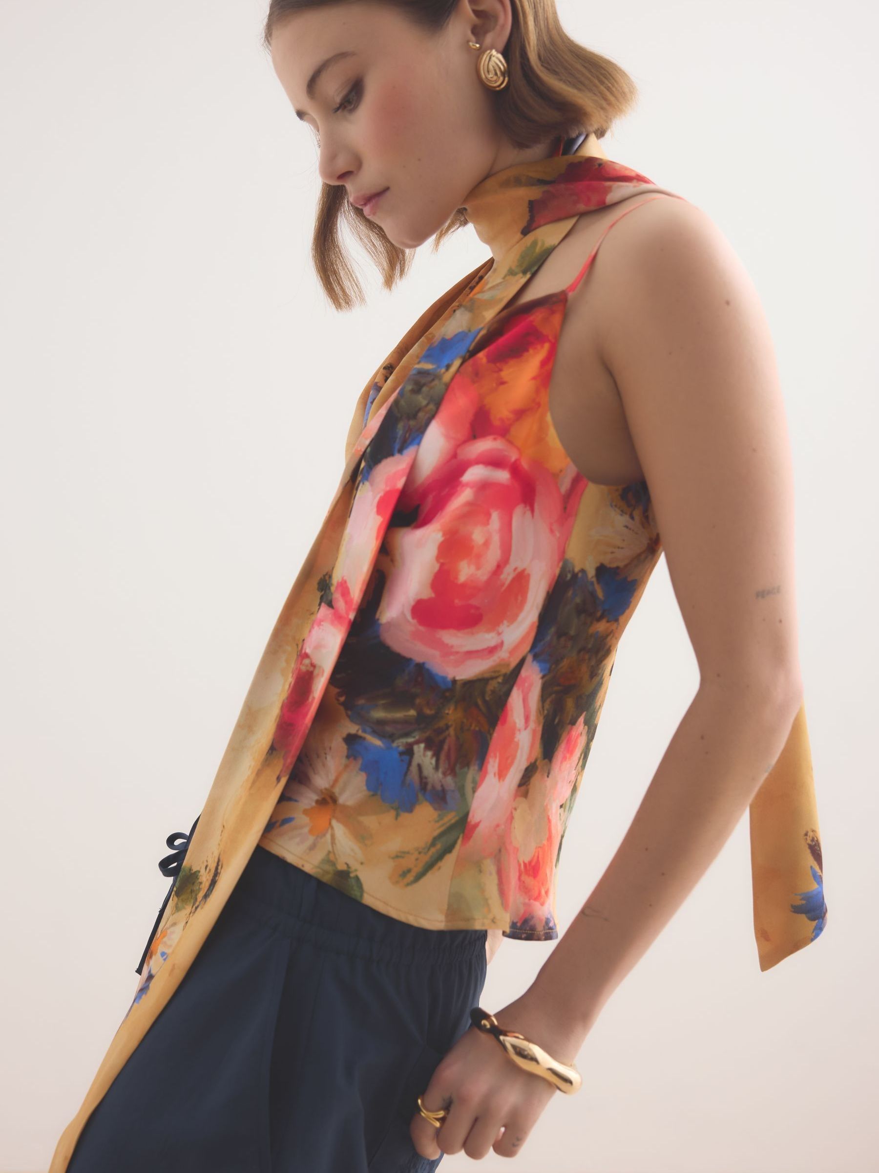 Buy Anthropologie Yellow Floral Printed Scarf Detail Cami Top from