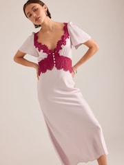 Anthropologie Pink Olivia Satin Lace Midi Dress - Image 1 of 4