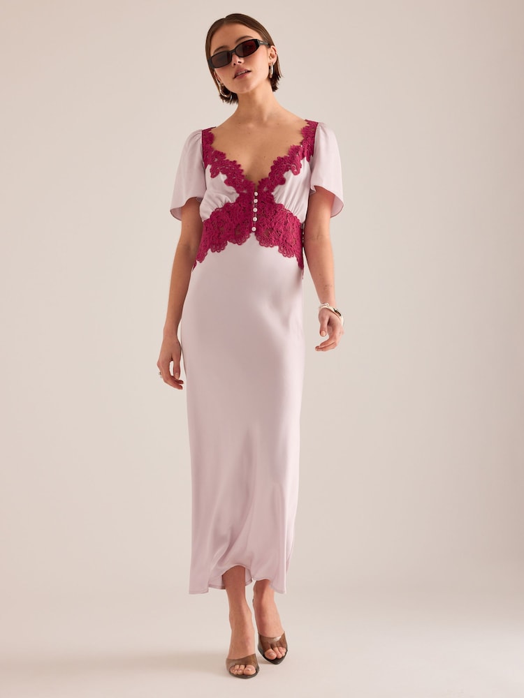 Anthropologie Pink Olivia Satin Lace Midi Dress - Image 2 of 4