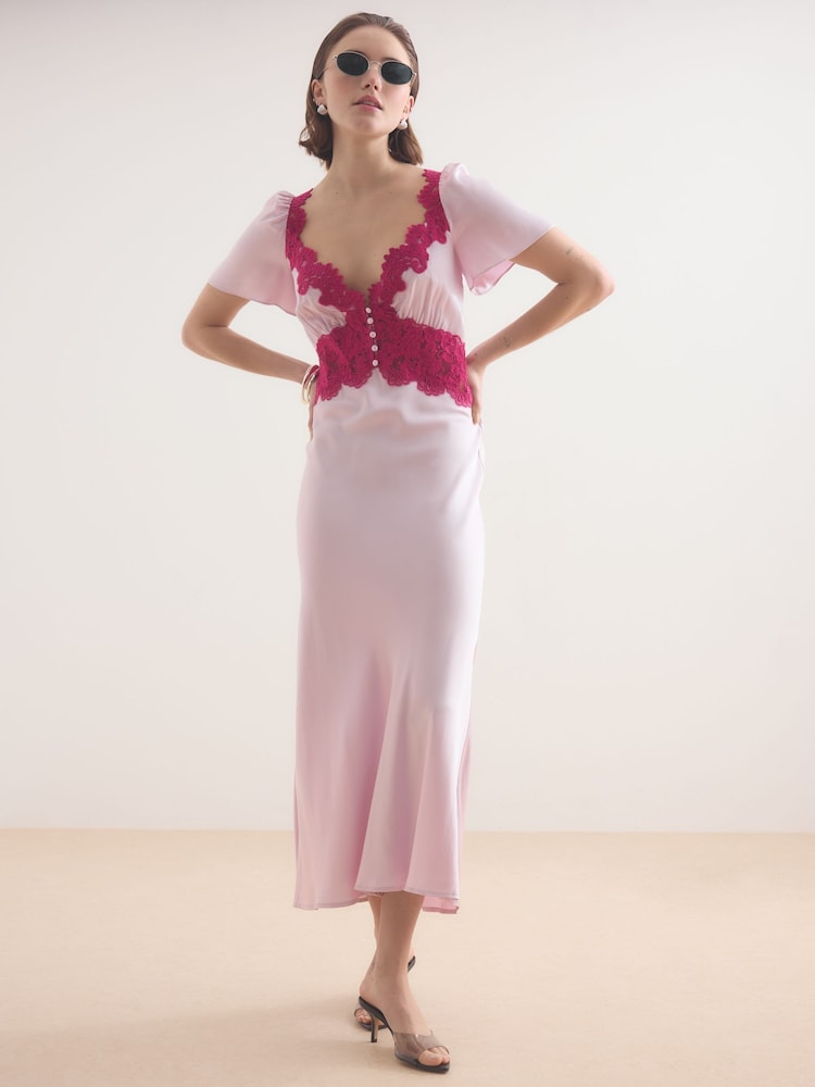 pink lace dress anthropologie Buy Anthropologie Pink Olivia Satin Lace Midi Dress from Next USA