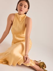 Anthropologie Yellow Milly Satin High-Neck Midi Dress - Image 4 of 4