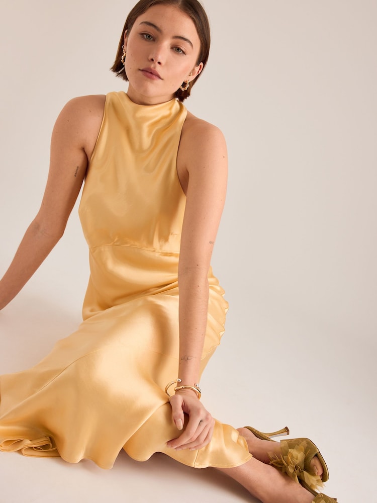 Anthropologie Yellow Milly Satin High-Neck Midi Dress - Image 4 of 4 Anthropologie Yellow Milly Satin High-Neck Midi Dress - Image 4 of 4