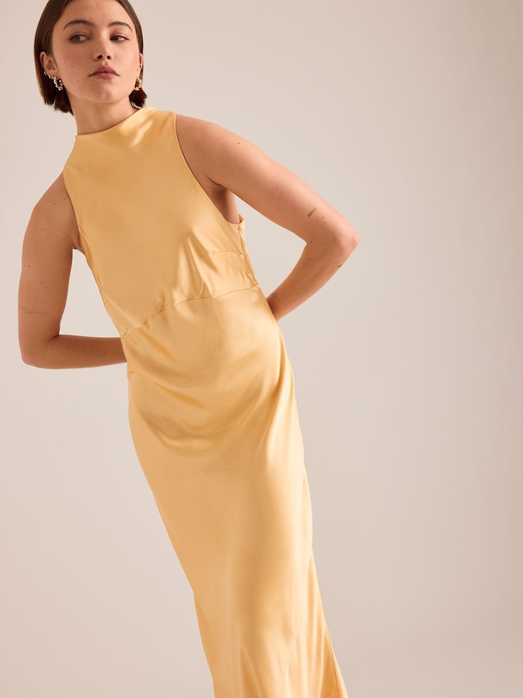 anthropologie yellow satin dress Mare Mare Bree Puff-Sleeve V-Neck Satin Slip Midi Dress