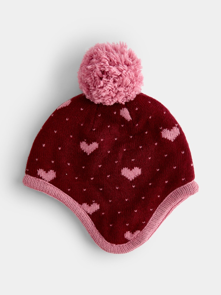 JoJo Maman Bébé Berry Heart Pom Pom Knitted Hat - Image 1 of 4 JoJo Maman Bébé Berry Heart Pom Pom Knitted Hat - Image 1 of 4