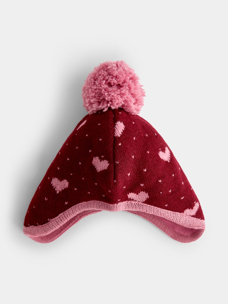 JoJo Maman Bébé Berry Heart Pom Pom Knitted Hat - Image 2 of 4 JoJo Maman Bébé Berry Heart Pom Pom Knitted Hat - Image 2 of 4