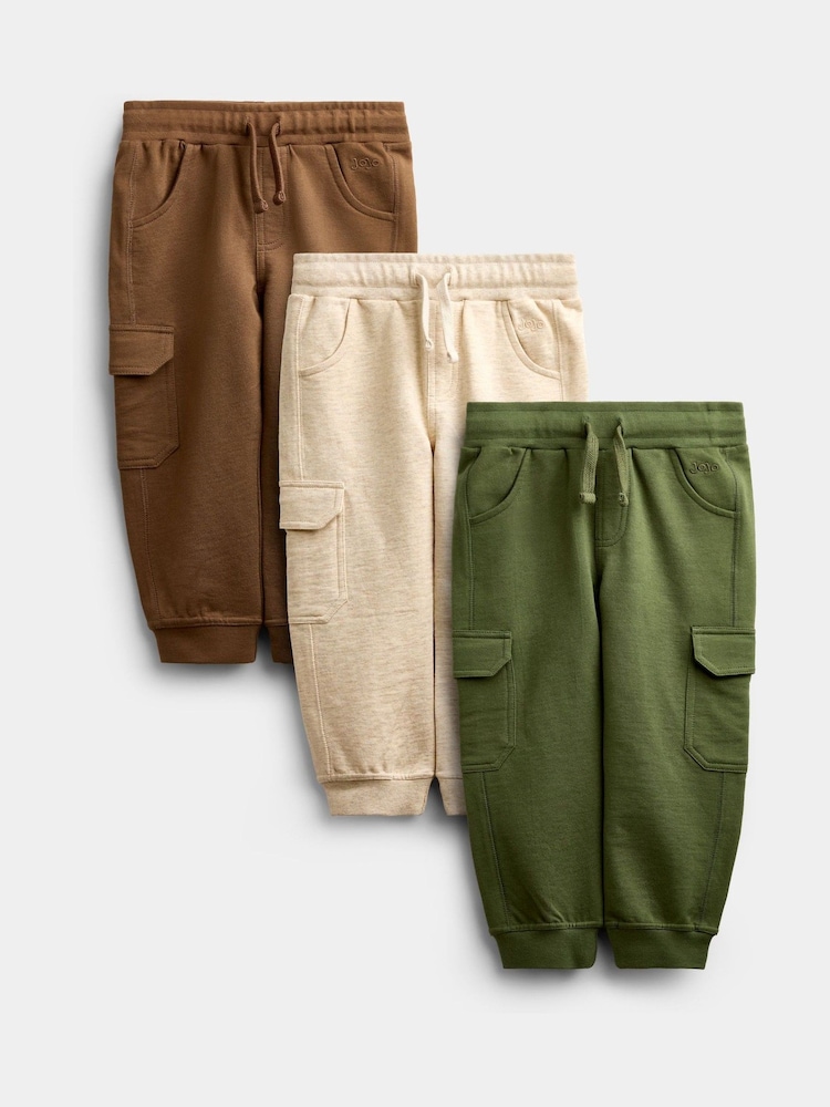 JoJo Maman Bébé Natural Tan & Khaki Green 3-Pack Cargo Joggers - Image 1 of 10