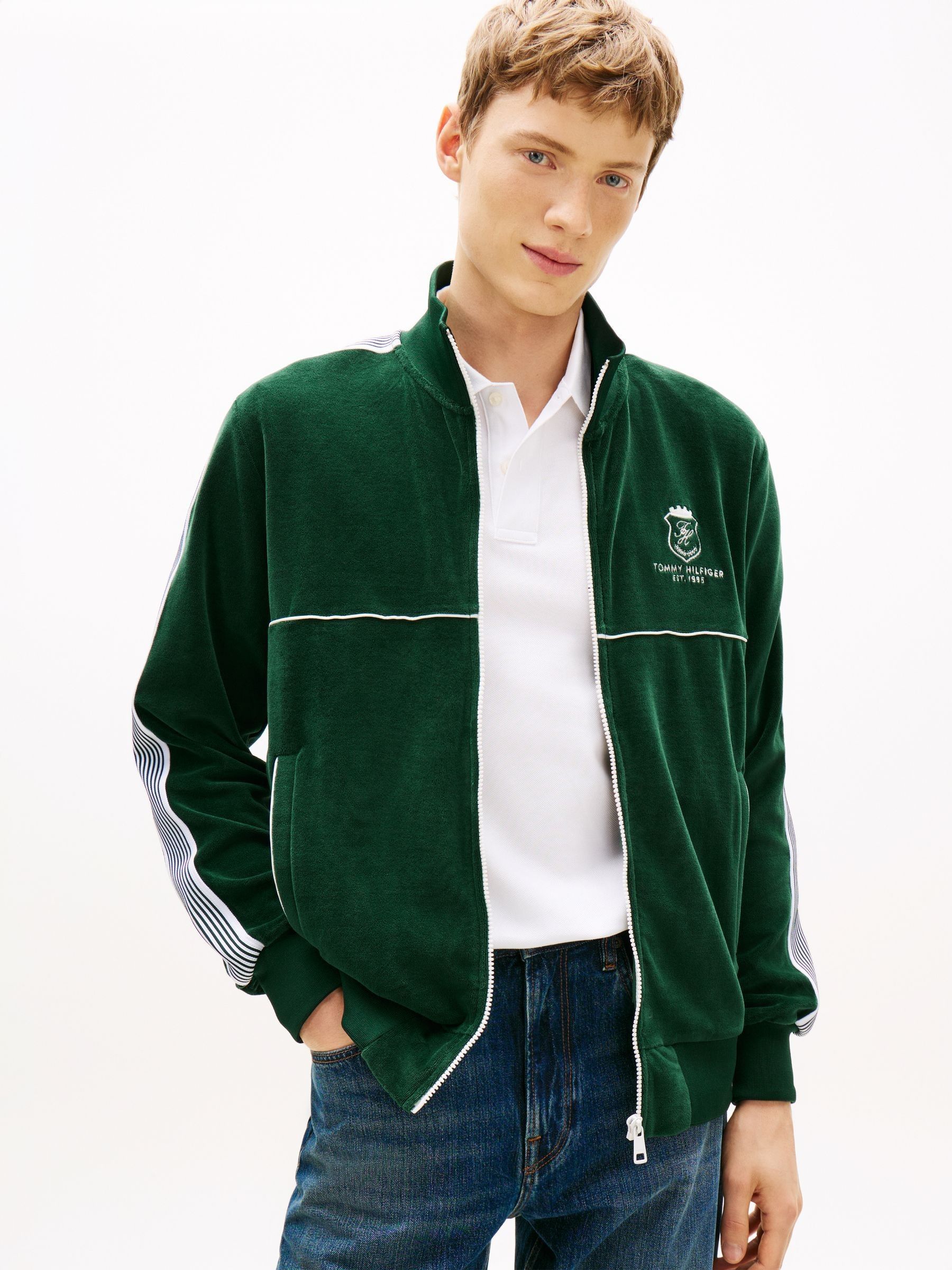 Buy Tommy Hilfiger Green Colour-Blocked Velour Zip-Thru Track
