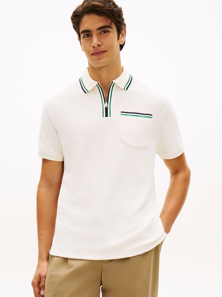 Tommy Hilfiger Cream Classic Fit Tipped Towelling Zip Polo Shirt - Image 1 of 5 Tommy Hilfiger Cream Classic Fit Tipped Towelling Zip Polo Shirt - Image 1 of 5
