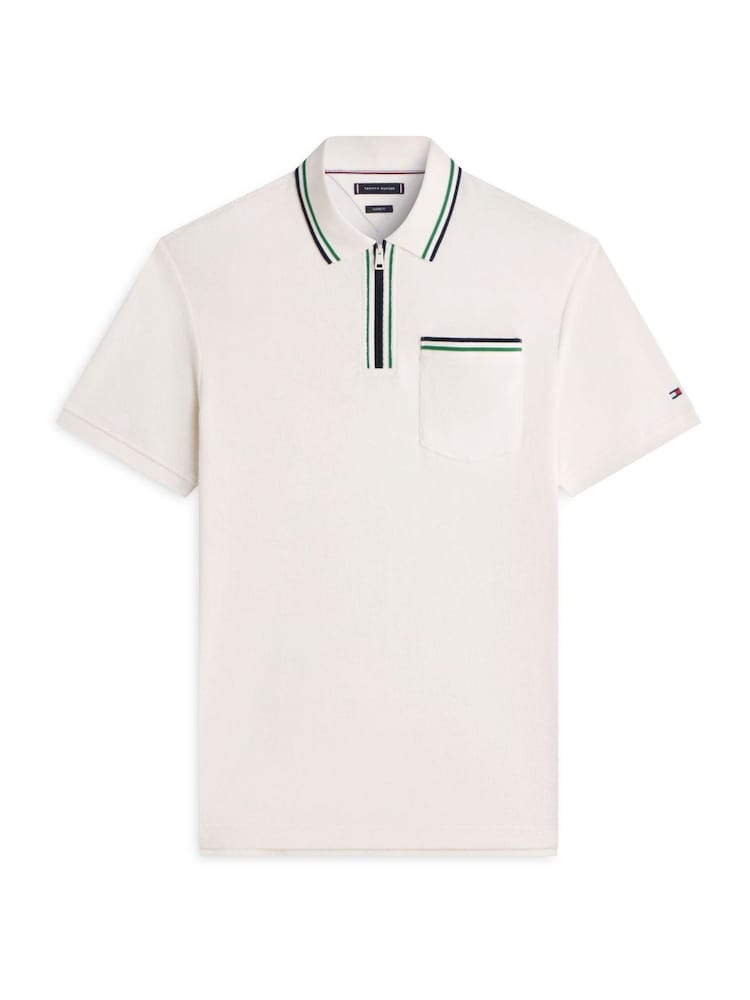 Tommy Hilfiger Cream Classic Fit Tipped Towelling Zip Polo Shirt - Image 5 of 5 Tommy Hilfiger Cream Classic Fit Tipped Towelling Zip Polo Shirt - Image 5 of 5