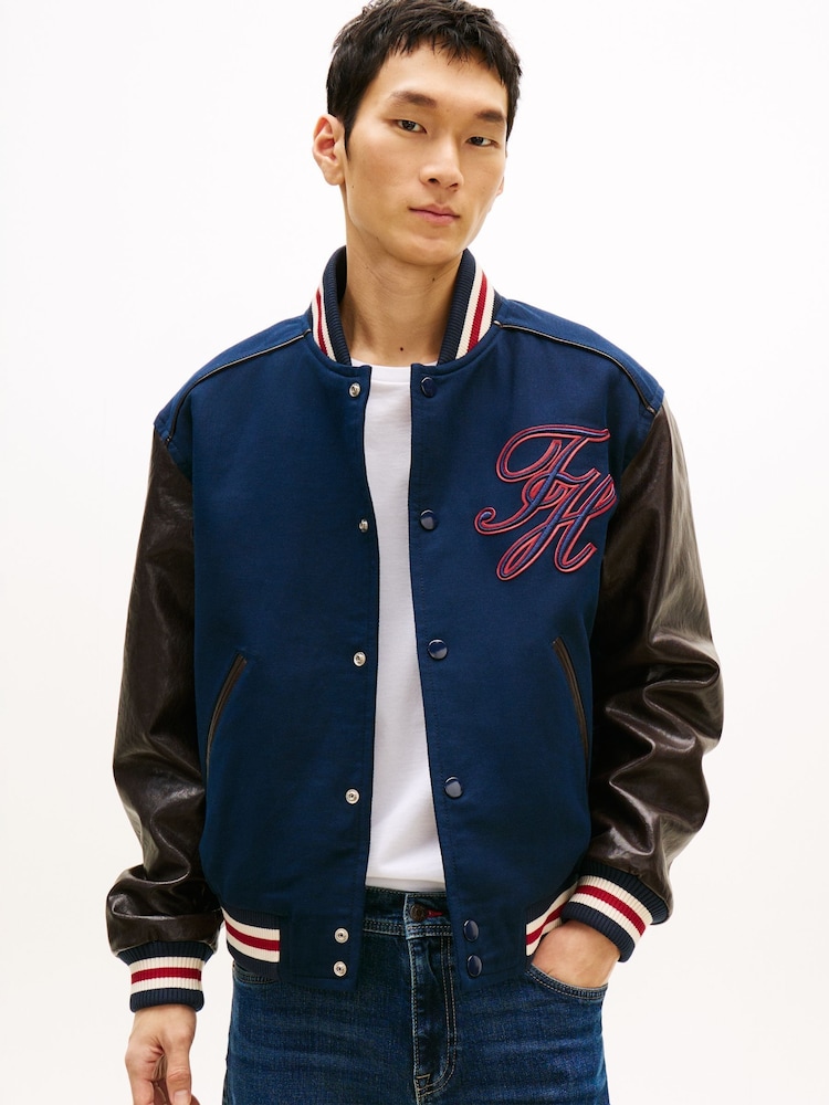 Tommy Hilfiger Blue Contrast Sleeve Leather Varsity Jacket - Image 1 of 6