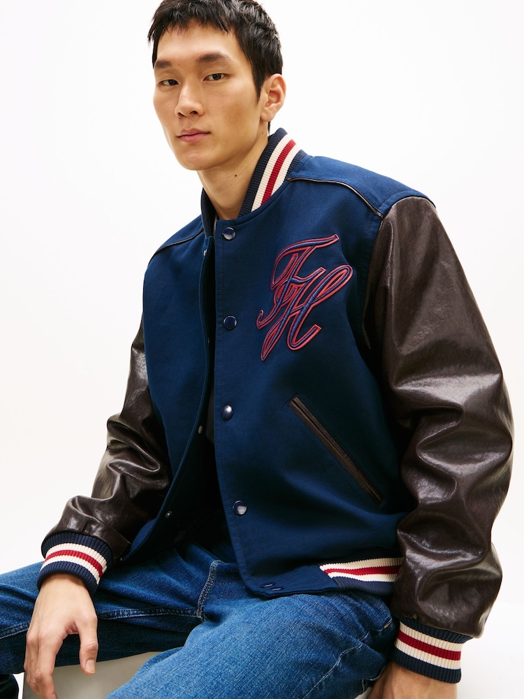 Tommy Hilfiger Blue Contrast Sleeve Leather Varsity Jacket - Image 2 of 6