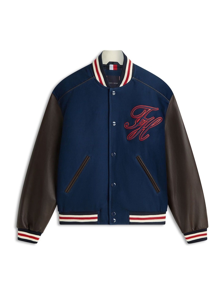 Tommy Hilfiger Blue Contrast Sleeve Leather Varsity Jacket - Image 6 of 6