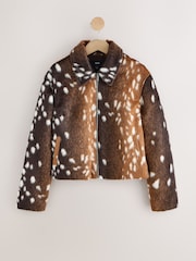 Brown Animal Deer Print Faux Fur Jacket - Image 1 of 7