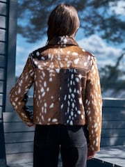 Brown Animal Deer Print Faux Fur Jacket - Image 3 of 7
