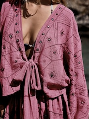 Rose Pink Embroidered Mirror Detail Tie Front Top - Image 5 of 5