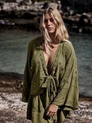 Khaki Green Embroidered Mirror Detail Tie Front Top - Image 1 of 4