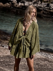 Khaki Green Embroidered Mirror Detail Tie Front Top - Image 2 of 4