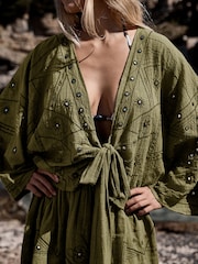 Khaki Green Embroidered Mirror Detail Tie Front Top - Image 4 of 4