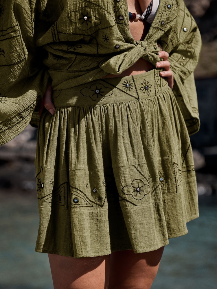 卡其綠色 - Embroidered Mirror Detail Rara Mini Skirt - 圖片 1/4