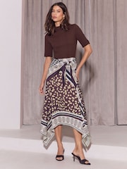Lipsy Chocolate Brown Mixed Print Foulard Tie Waist Hanky Hem 2 in 1 Short Sleeve Dress - Image 1 of 5