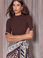 Lipsy Chocolate Brown Mixed Print Foulard Tie Waist Hanky Hem 2 in 1 Short Sleeve Dress - Image 2 of 5
