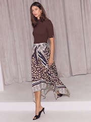 Lipsy Chocolate Brown Mixed Print Foulard Tie Waist Hanky Hem 2 in 1 Short Sleeve Dress - Image 3 of 5