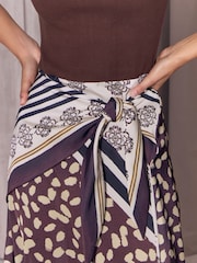 Lipsy Chocolate Brown Mixed Print Foulard Tie Waist Hanky Hem 2 in 1 Short Sleeve Dress - Image 4 of 5