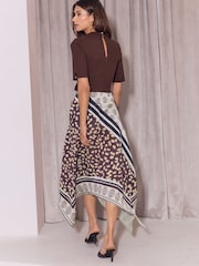 Lipsy Chocolate Brown Mixed Print Foulard Tie Waist Hanky Hem 2 in 1 Short Sleeve Dress - Image 5 of 5