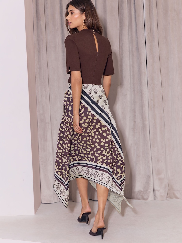 Lipsy Chocolate Brown Mixed Print Foulard Tie Waist Hanky Hem 2 in 1 Short Sleeve Dress - Image 5 of 5 Lipsy Chocolate Brown Mixed Print Foulard Tie Waist Hanky Hem 2 in 1 Short Sleeve Dress - Image 5 of 5