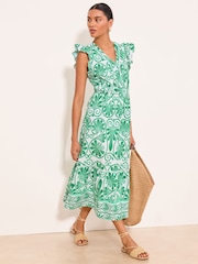 Lipsy Green Frill Sleeve Printed Broderie V-Neck Midi Dress - Image 1 of 5