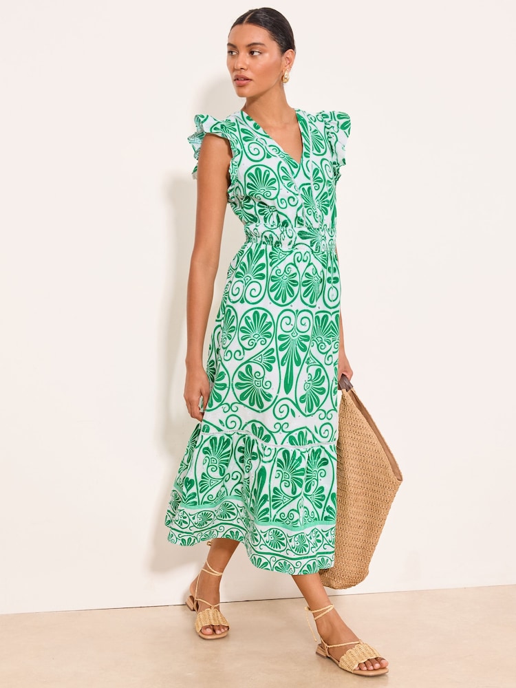Lipsy Green Frill Sleeve Printed Broderie V-Neck Midi Dress - Image 1 of 5 Lipsy Green Frill Sleeve Printed Broderie V-Neck Midi Dress - Image 1 of 5