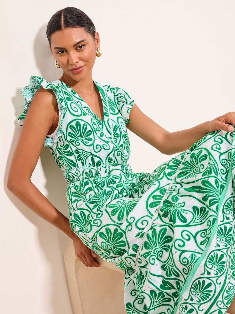 Lipsy Green Frill Sleeve Printed Broderie V-Neck Midi Dress - Image 2 of 5 Lipsy Green Frill Sleeve Printed Broderie V-Neck Midi Dress - Image 2 of 5