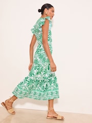 Lipsy Green Frill Sleeve Printed Broderie V-Neck Midi Dress - Image 3 of 5