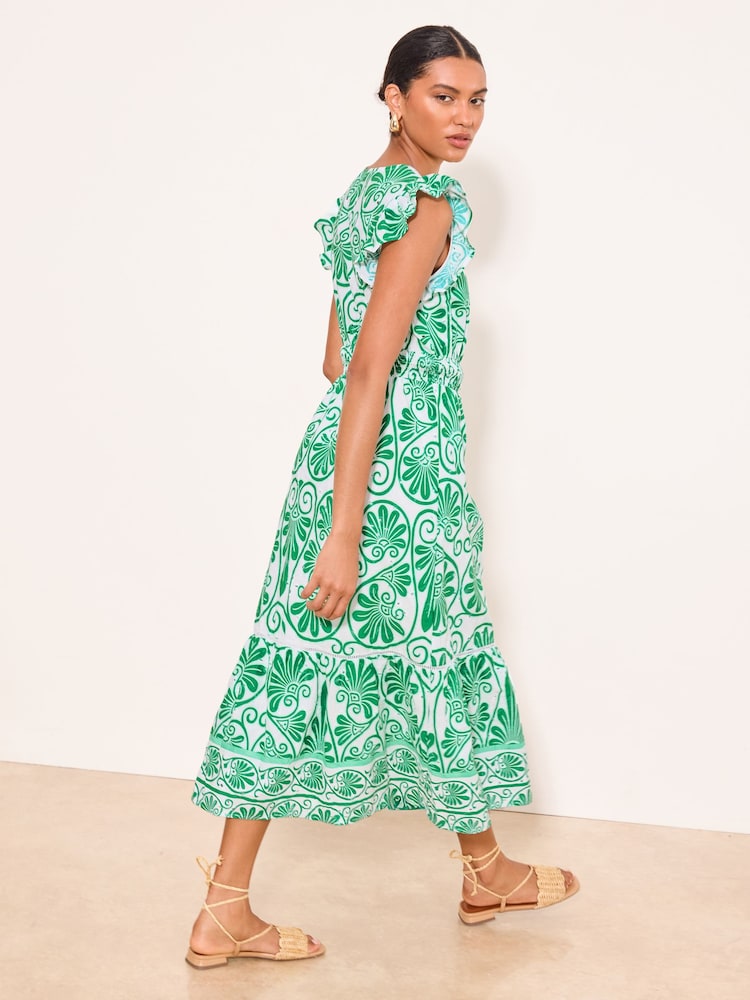 Lipsy Green Frill Sleeve Printed Broderie V-Neck Midi Dress - Image 5 of 5 Lipsy Green Frill Sleeve Printed Broderie V-Neck Midi Dress - Image 5 of 5