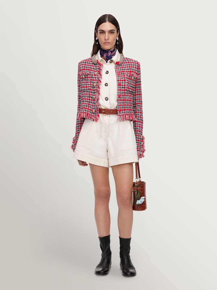 Self-Portrait Red Check Frayed Knit Jacket - Image 1 of 5 Self-Portrait Red Check Frayed Knit Jacket - Image 1 of 5