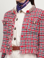 Self-Portrait Red Check Frayed Knit Jacket - Image 4 of 5