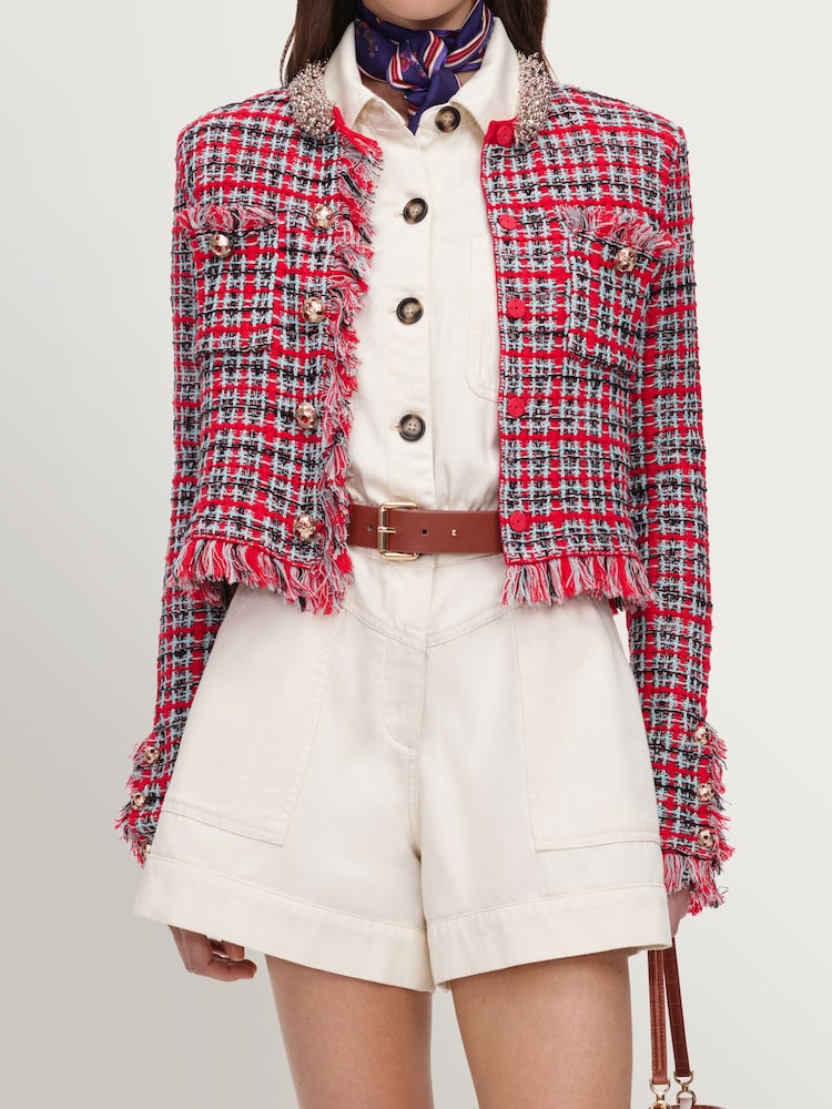 Self-Portrait Red Check Frayed Knit Jacket - Image 5 of 5 Self-Portrait Red Check Frayed Knit Jacket - Image 5 of 5