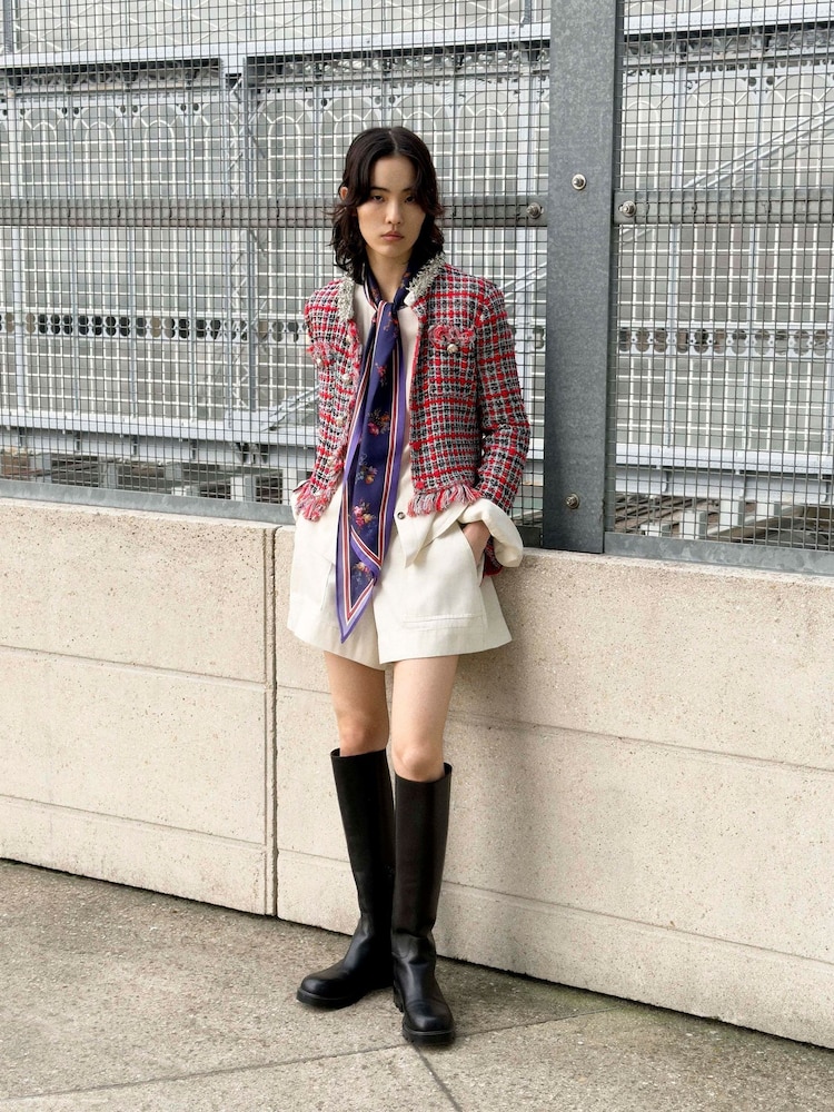 Self-Portrait Red Check Frayed Knit Jacket - Image 6 of 6