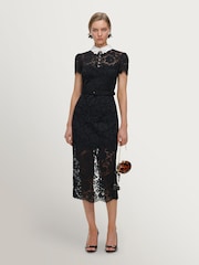 Self-Portrait Black Lace Contrast Collar Midi Dress - Image 1 of 5