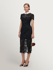 Self-Portrait Black Lace Contrast Collar Midi Dress - Image 3 of 5