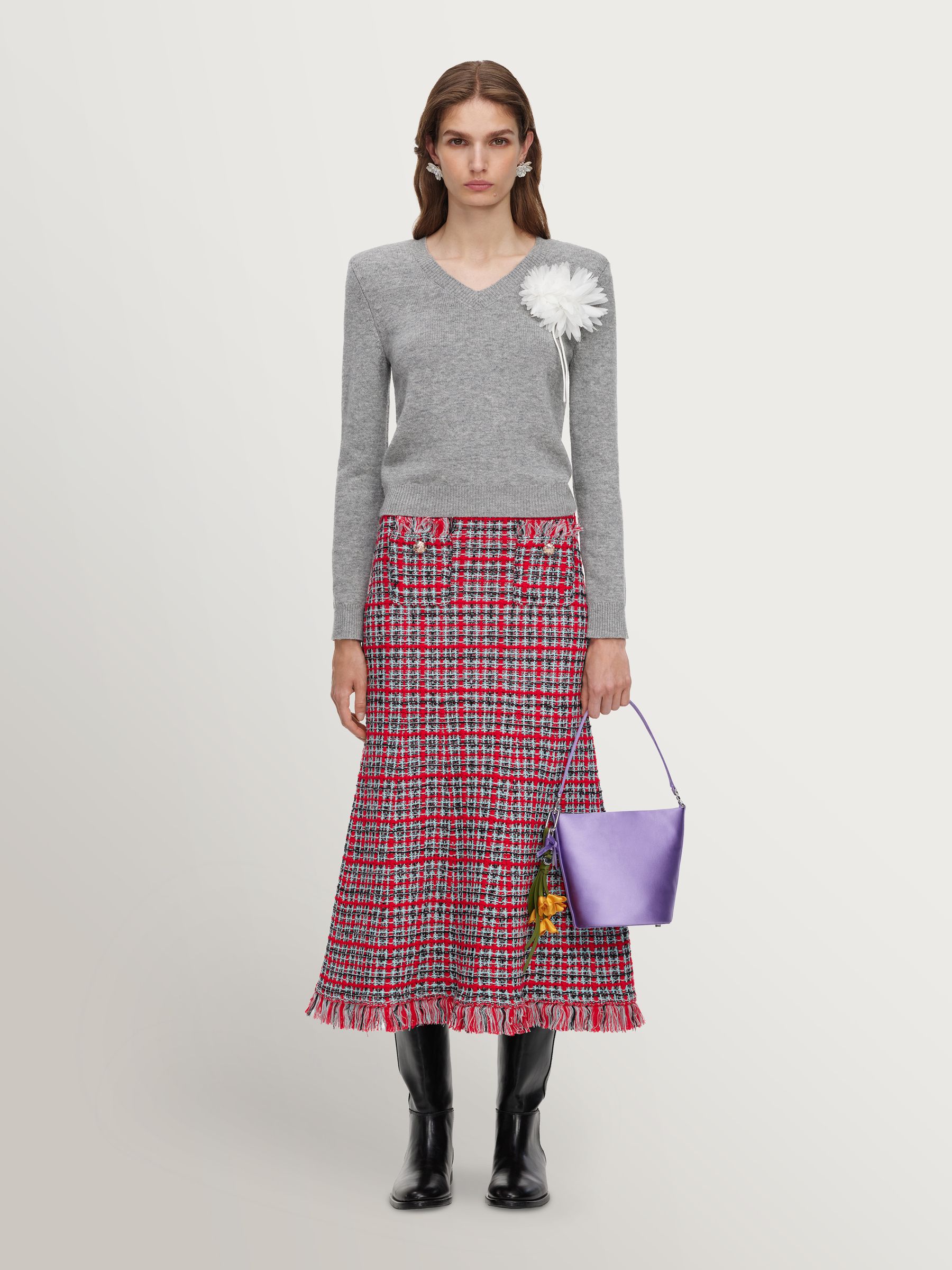 Self-Portrait Women's Red Self-Portrait Check Frayed Knit Midi Skirt