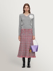 Self-Portrait Red Check Frayed Knit Midi Skirt - Image 1 of 10