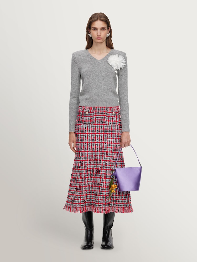 Self-Portrait Red Check Frayed Knit Midi Skirt - Image 1 of 10 Self-Portrait Red Check Frayed Knit Midi Skirt - Image 1 of 10
