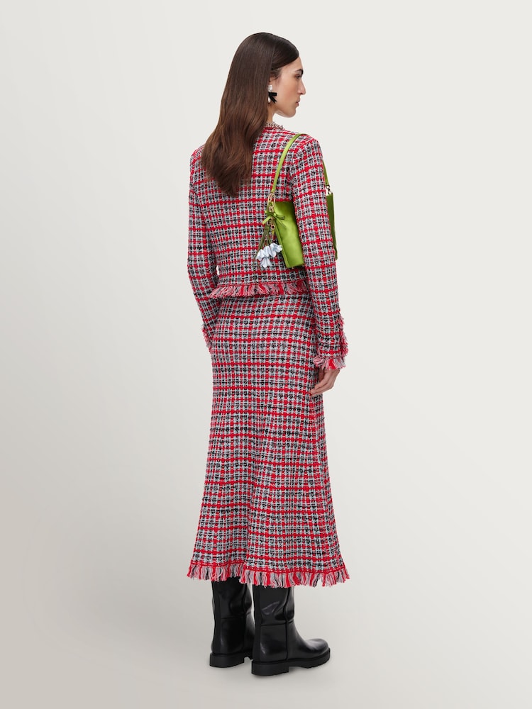 Self-Portrait Red Check Frayed Knit Midi Skirt - Image 2 of 10 Self-Portrait Red Check Frayed Knit Midi Skirt - Image 2 of 10