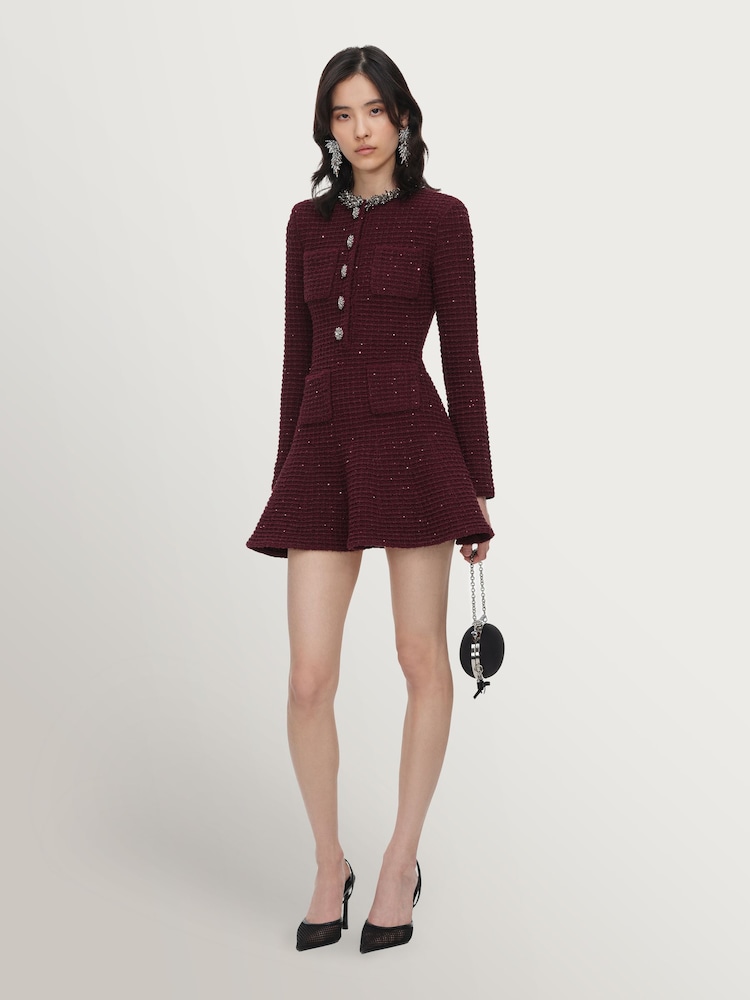 Self-Portrait Red Textured Knit Embellished Mini Dress - Image 2 of 6