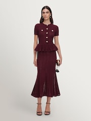 Self-Portrait Red Pointelle Peplum Knit Midi Dress - Image 1 of 5