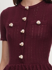 Self-Portrait Red Pointelle Peplum Knit Midi Dress - Image 3 of 5