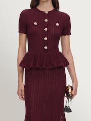 Self-Portrait Red Pointelle Peplum Knit Midi Dress - Image 4 of 5