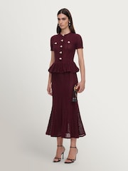Self-Portrait Red Pointelle Peplum Knit Midi Dress - Image 5 of 5