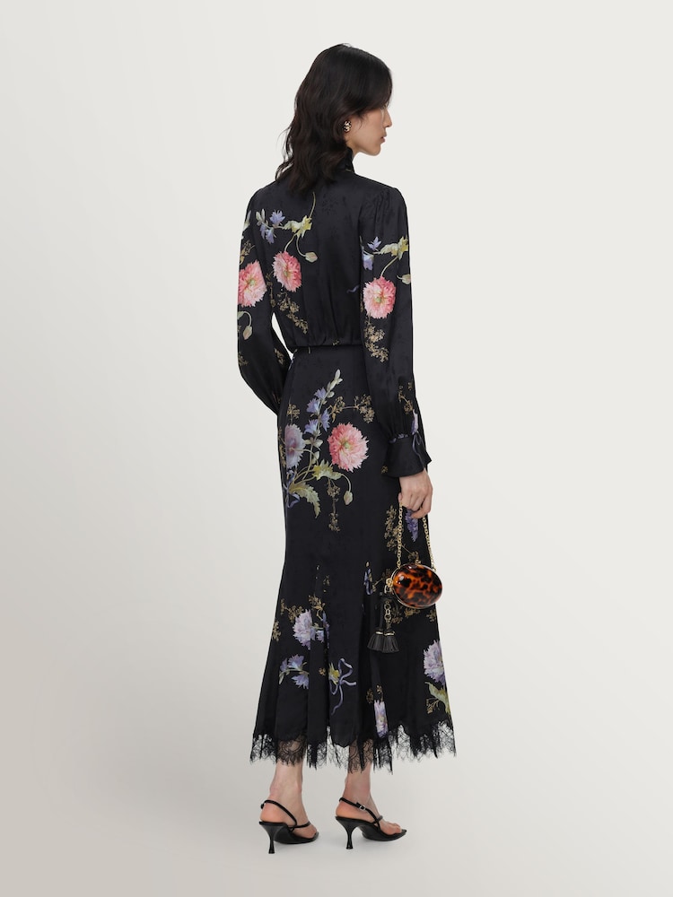 Self-Portrait Black Satin Floral Printed Midi Dress - Image 2 of 5 Self-Portrait Black Satin Floral Printed Midi Dress - Image 2 of 5